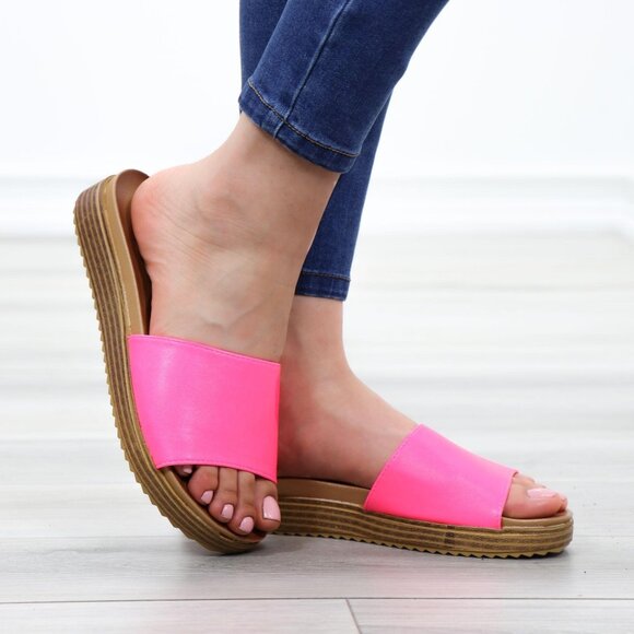 Neon Pink Faux Leather Slip On Comfort Sandal - Picture 1 of 13